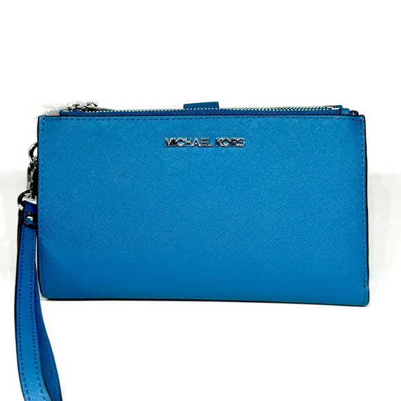 Michael Kors Large Jet Set Travel Logo Double Zip Wallet - Teal - Picture 1 of 7